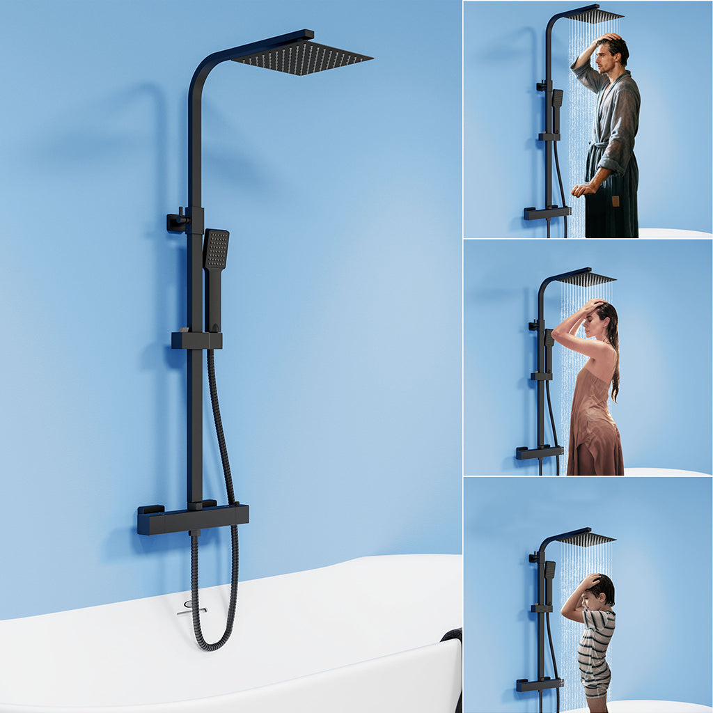 Colonna doccia termostatica con soffione quadrato 20x20 e doccetta a 3 getti, regolabile in altezza 73-115 cm