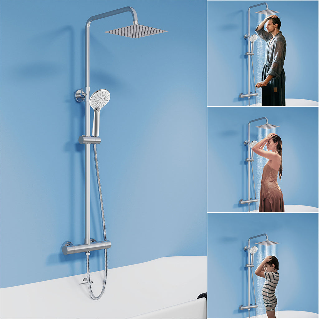 Colonna doccia termostatica con soffione quadrato 20x20 e doccetta a 3 getti, regolabile in altezza 72-125 cm