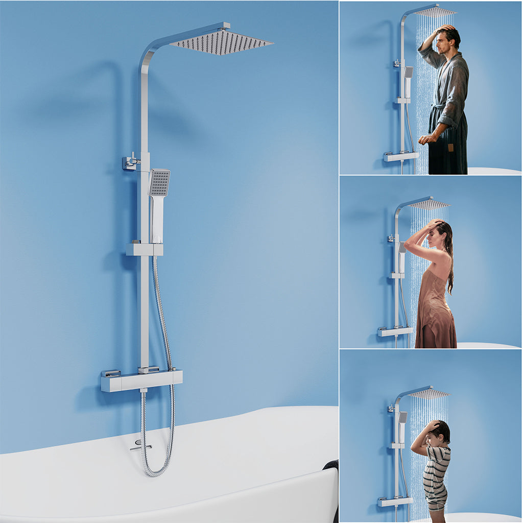 Colonna doccia termostatica con soffione quadrato 20x20 e doccetta a 3 getti, regolabile in altezza 73-115 cm