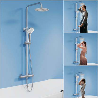 Colonna doccia termostatica con soffione tondo da 20 cm di diametro e doccetta a 3 ugelli, altezza regolabile da 75 a 125 cm