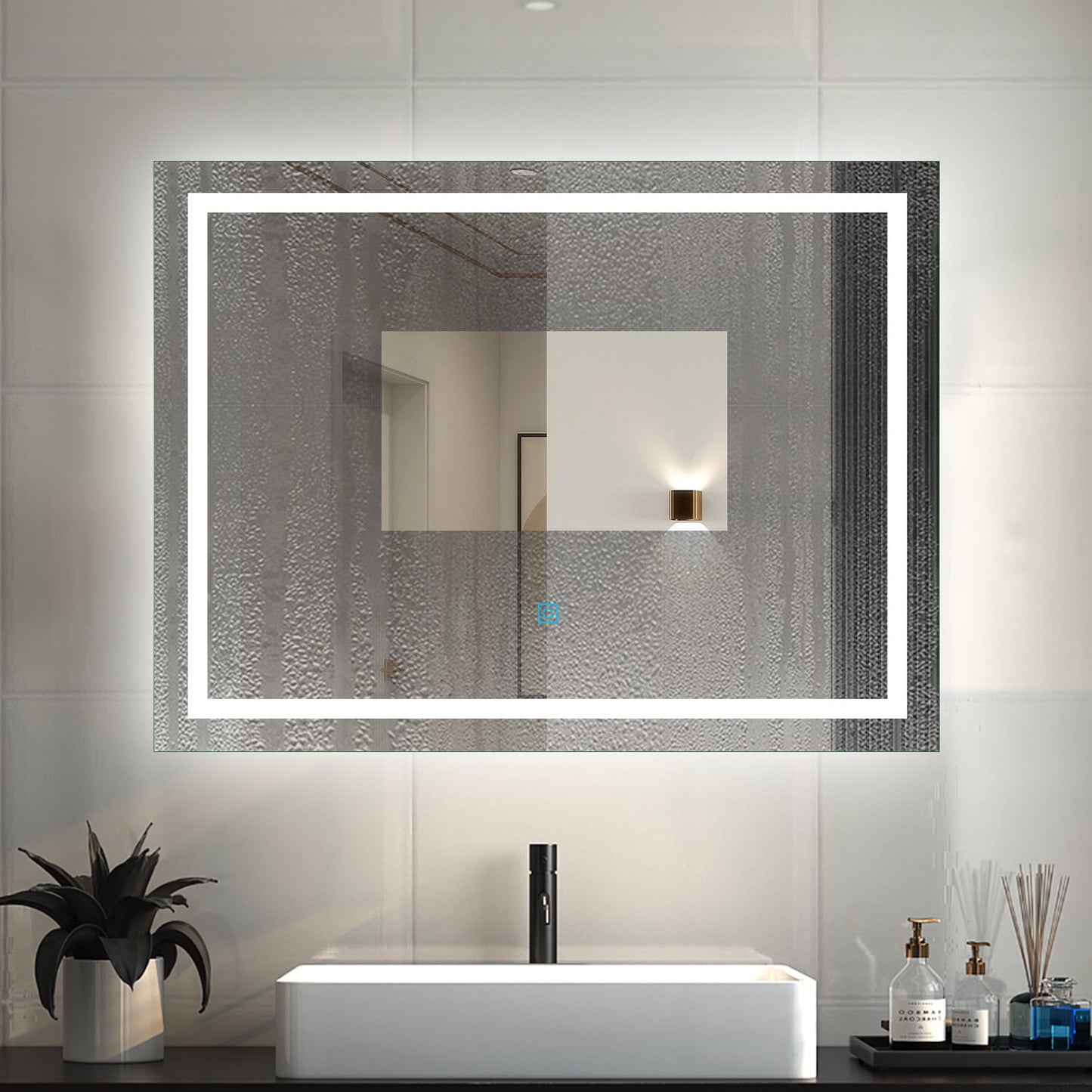 Specchio quadrato 80x60 cm per bagno, antiappannamento, luce bianca 6000K, IP44.