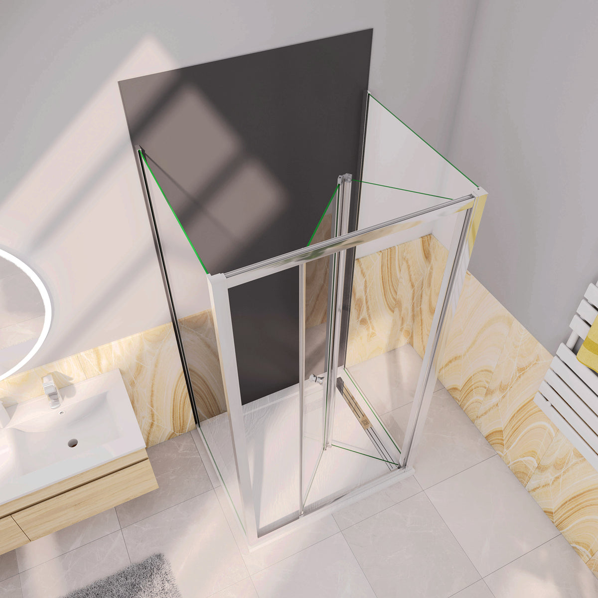 Box Doccia Tre Lati 70-76-80-86-90-100x70-76-80-90x70-76-80-90 cm Alto 185 cm Porta a Soffietto 2 Pareti Laterali in Vetro Temperato 5 mm Cromato