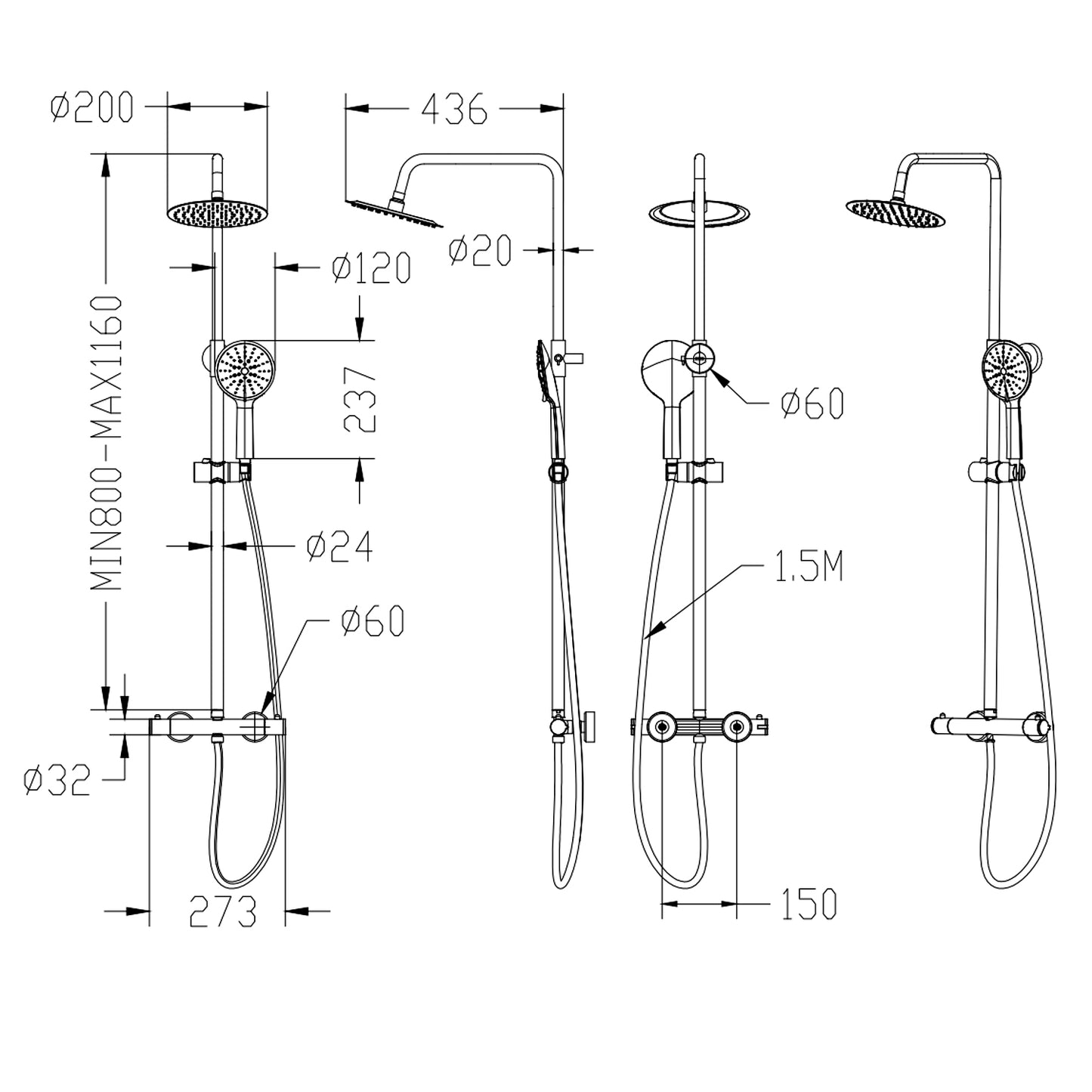 OCEAN ITALY Sistema Doccia con Rubinetto Termostatico, Asta Doccia Tubo Flessibile, Soffione Doccia Regolabile, Set Doccia Moderno di Montaggio a parete, Saliscendi Doccia con Fintura Cromata