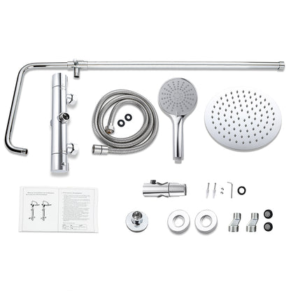 Colonna doccia termostatica con soffione tondo da 20 cm di diametro e doccetta a 3 ugelli, altezza regolabile da 75 a 125 cm