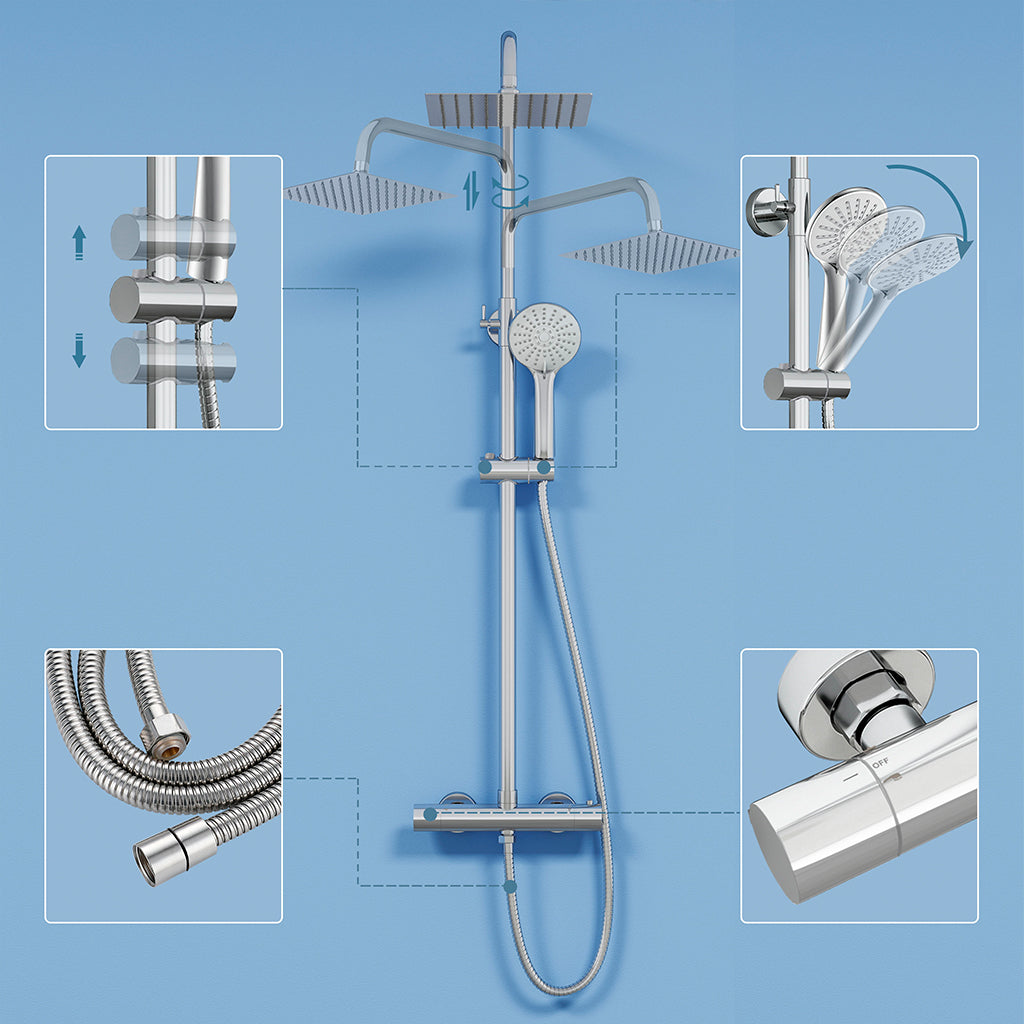 Colonna doccia termostatica con soffione quadrato 20x20 e doccetta a 3 getti, regolabile in altezza 72-125 cm
