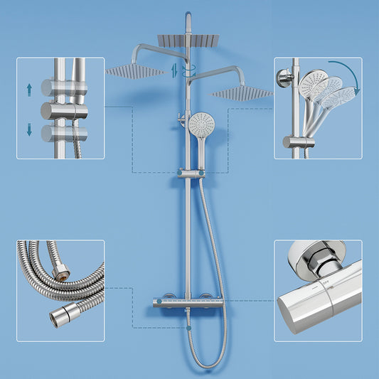 Colonna doccia termostatica con soffione quadrato 20x20 e doccetta a 3 getti, regolabile in altezza 72-125 cm