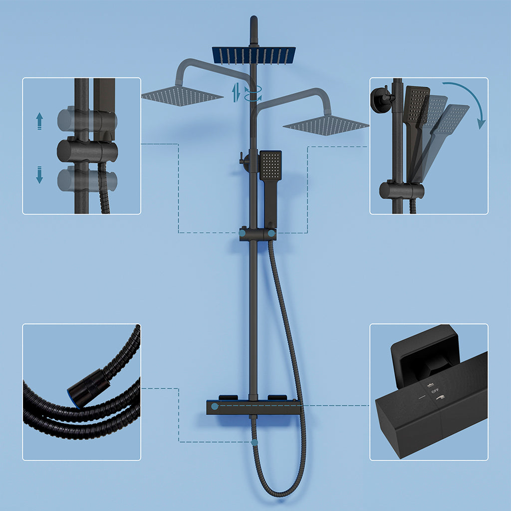Colonna doccia termostatica con soffione quadrato 20x20 e doccetta a 3 getti