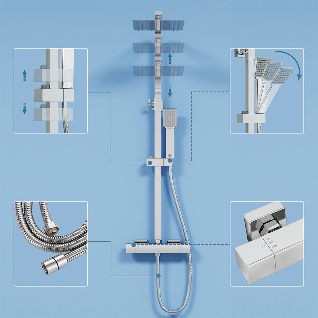 Colonna doccia termostatica con soffione quadrato 20x20 e doccetta a 3 getti, regolabile in altezza 73-115 cm