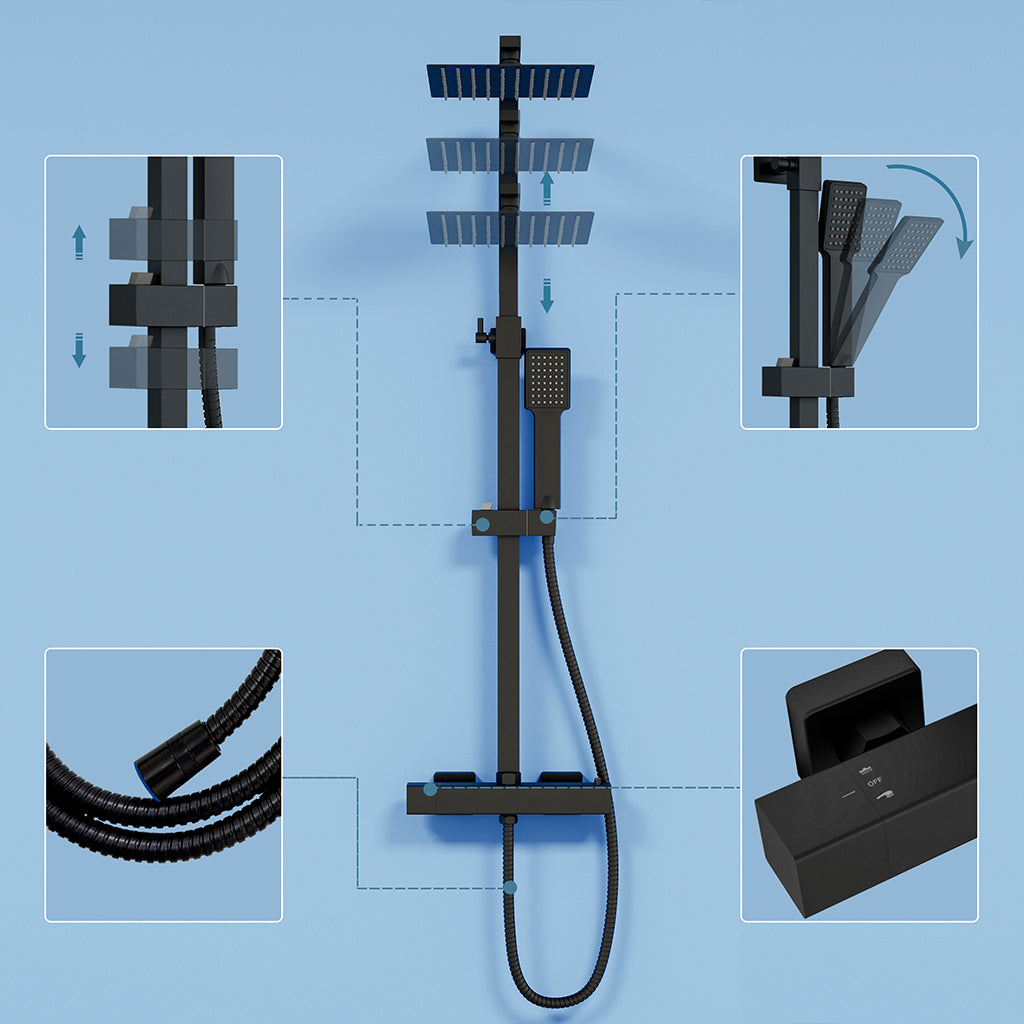Colonna doccia termostatica con soffione quadrato 20x20 e doccetta a 3 getti, regolabile in altezza 73-115 cm