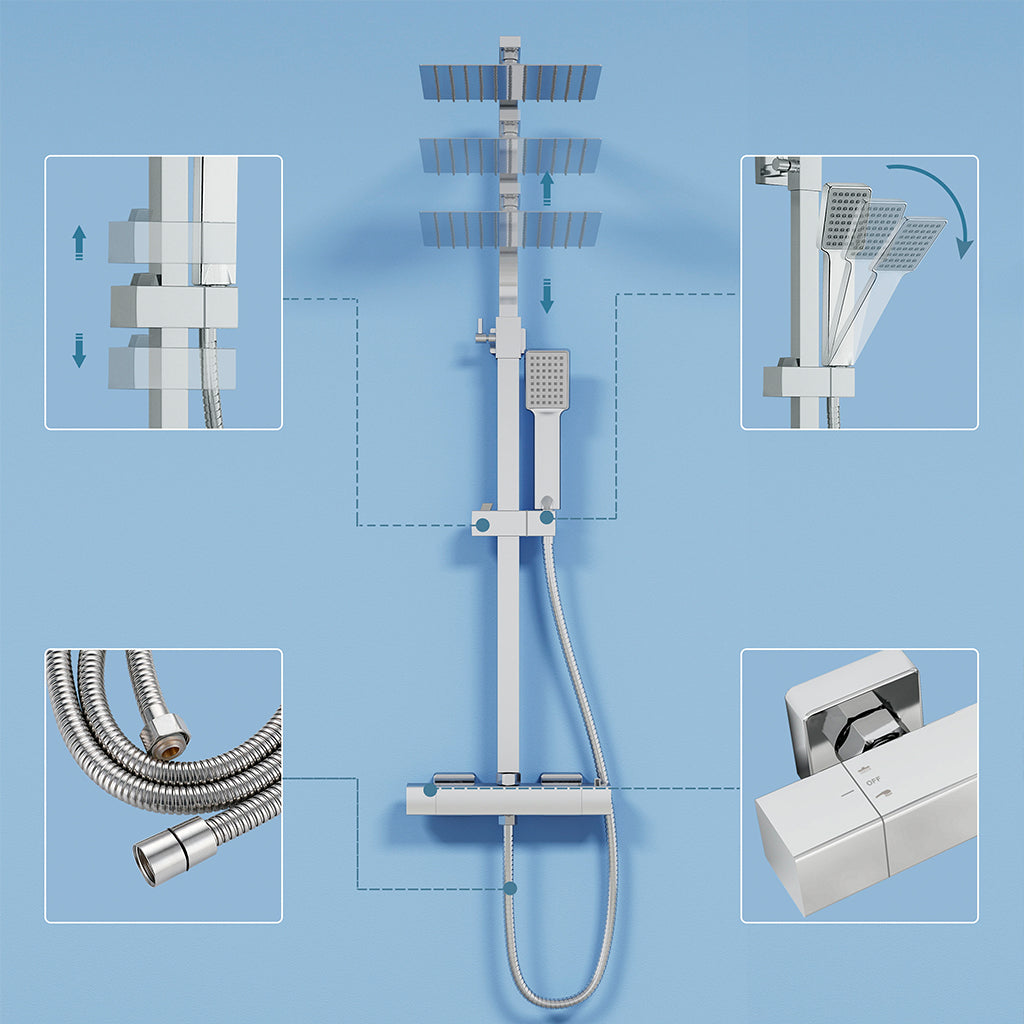 Colonna doccia termostatica con soffione quadrato 25x25 e doccetta a 3 getti