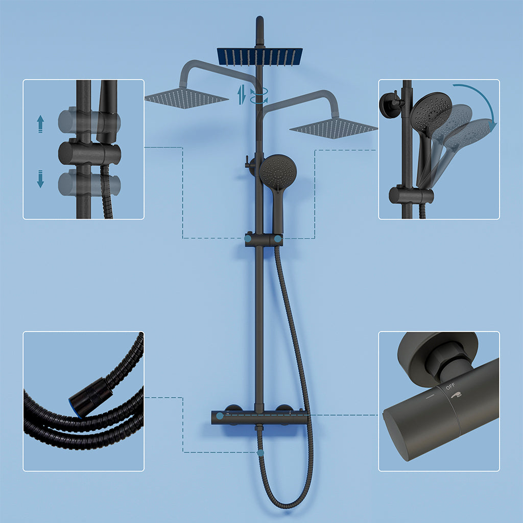 Colonna doccia termostatica con soffione quadrato 20x20 e doccetta a 3 getti, regolabile in altezza 72-125 cm