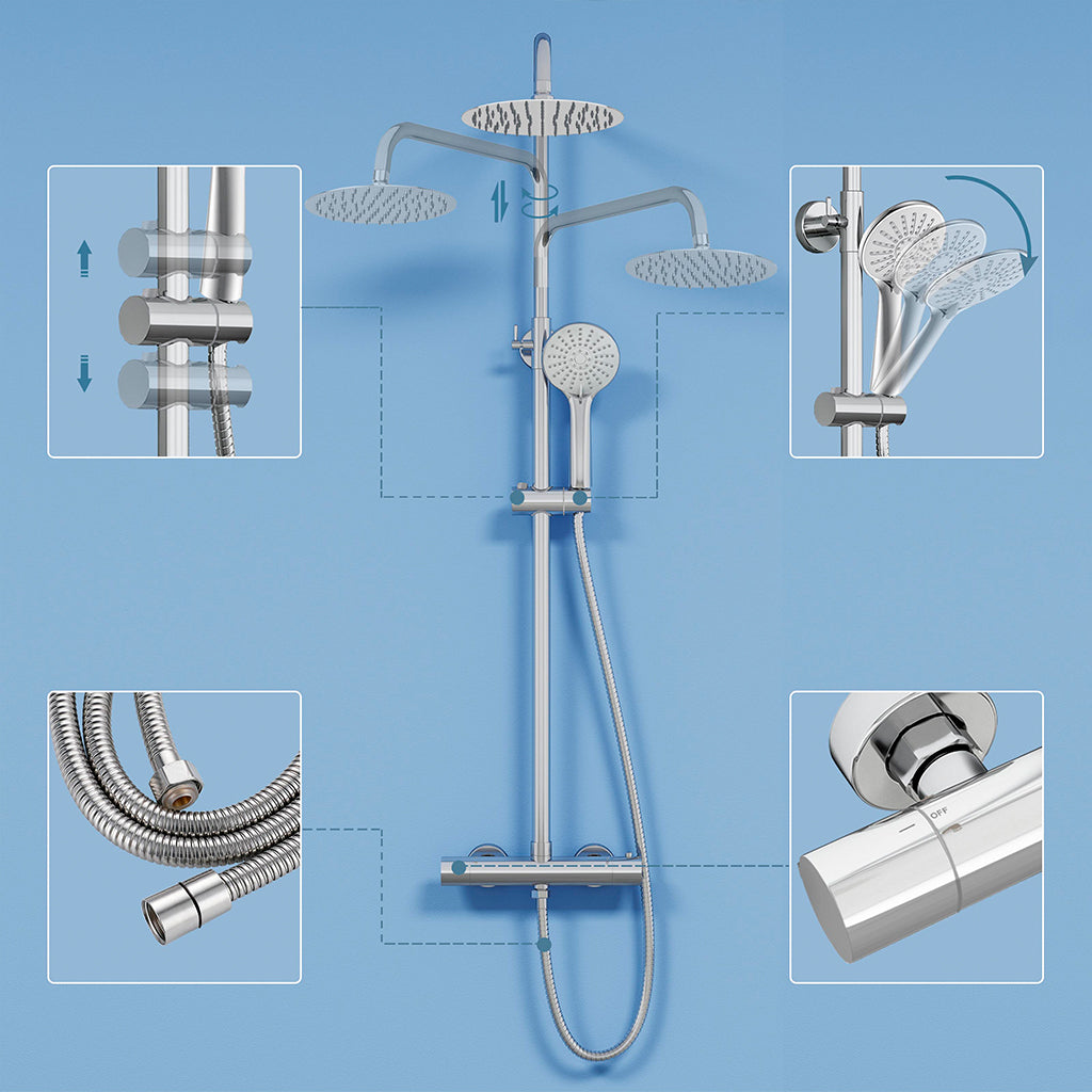 Colonna doccia termostatica con soffione tondo da 20 cm di diametro e doccetta a 3 ugelli, altezza regolabile da 75 a 125 cm