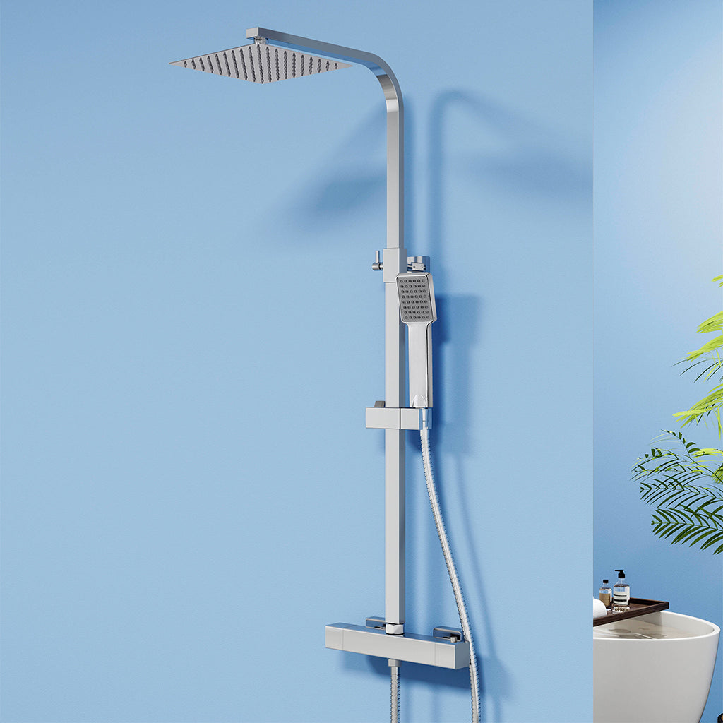 Colonna doccia termostatica con soffione quadrato 20x20 e doccetta a 3 getti, regolabile in altezza 73-115 cm