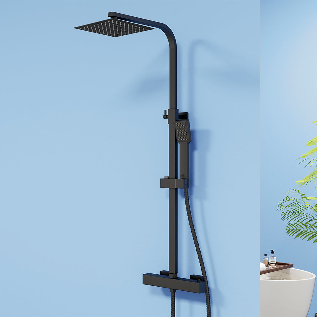 Colonna doccia termostatica con soffione quadrato 20x20 e doccetta a 3 getti, regolabile in altezza 73-115 cm