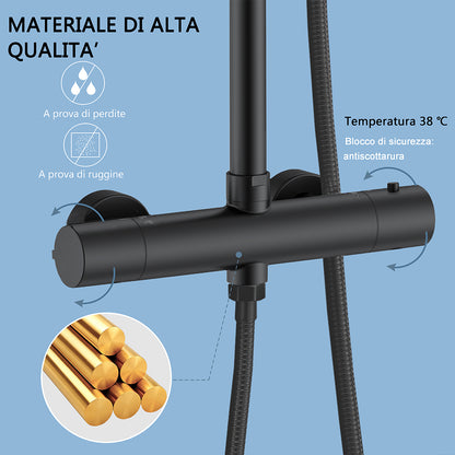 Colonna doccia termostatica con soffione quadrato 20x20 e doccetta a 3 getti, regolabile in altezza 72-125 cm