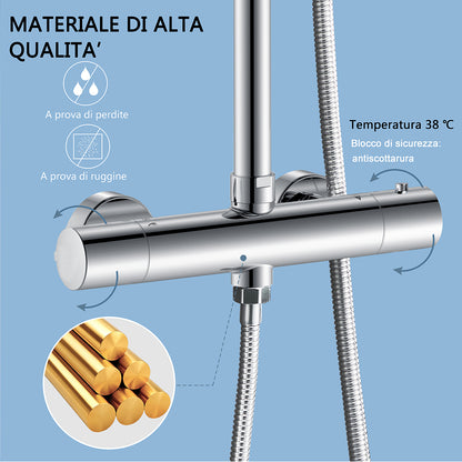 Colonna doccia termostatica con soffione tondo da 25cm di diametro e doccetta a 3 ugelli