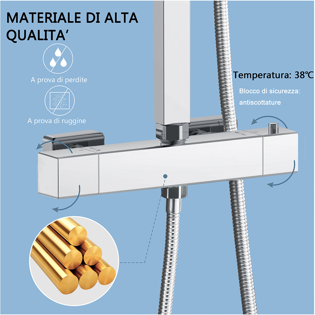 Colonna doccia termostatica con soffione quadrato 25x25 e doccetta a 3 getti