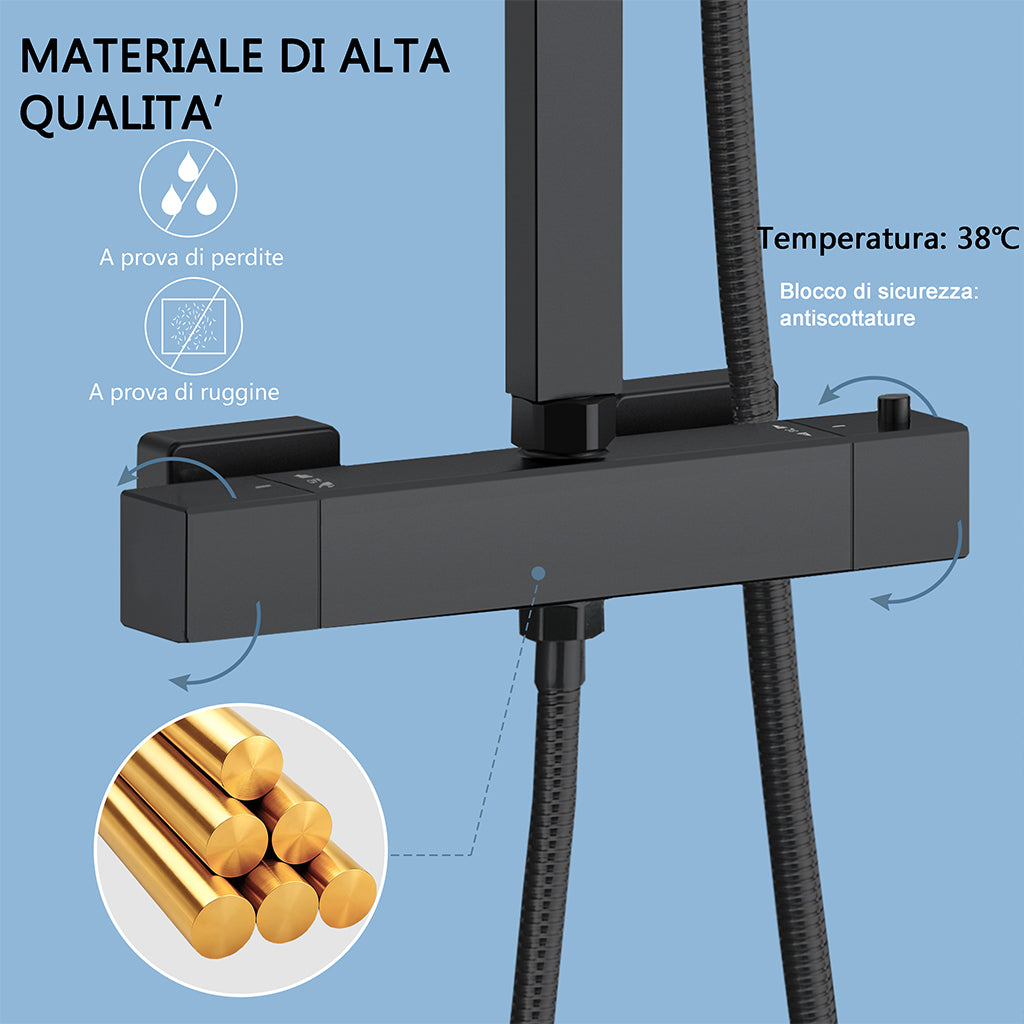 Colonna doccia termostatica con soffione quadrato 20x20 e doccetta a 3 getti, regolabile in altezza 73-115 cm
