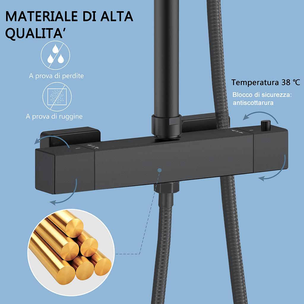 Colonna doccia termostatica con soffione quadrato 20x20 e doccetta a 3 getti