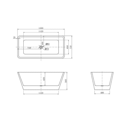 Vasca da Bagno Freestanding Rettangolo Simmetrico Bianco in Acrilico 170x80x58 cm/150x72x56 cm (L.xP.xA.)