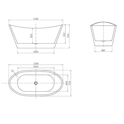 Vasca da Bagno Freestanding Barca Ovale Bianco in Acrilico 150x72x65 cm/170x72x65 cm (L.xP.xA.)