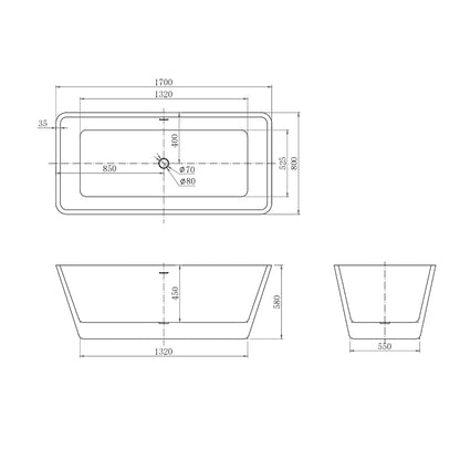 Vasca da Bagno Freestanding Rettangolo Simmetrico Bianco in Acrilico 170x80x58 cm/150x72x56 cm (L.xP.xA.)