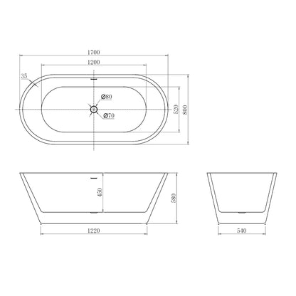 Vasca da Bagno Freestanding Ovale Simmetrico Bianco in Acrilico 150x70x58 cm/170x80x58 cm (L.xP.xA.)
