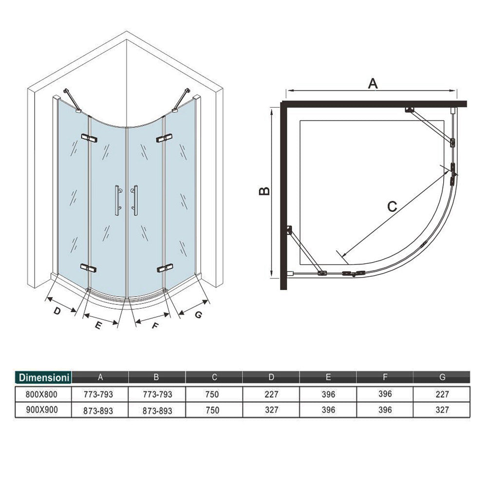 195 cm Box Doccia Semicircolare Doppia Porta Battente Saloon Vetro Temperato Easyclean 6mm Barra Stabilizzatrice e Telai Cromo Lucido Ocean