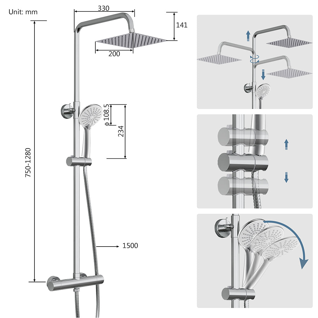 Colonna doccia termostatica con soffione quadrato 20x20 e doccetta a 3 getti, regolabile in altezza 72-125 cm