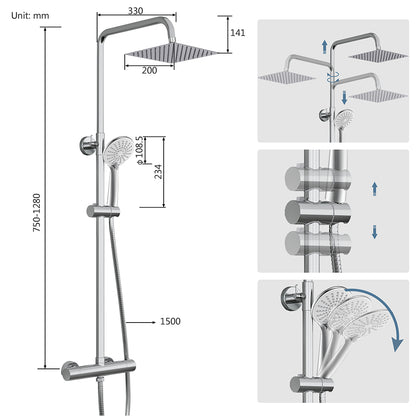 Colonna doccia termostatica con soffione quadrato 20x20 e doccetta a 3 getti, regolabile in altezza 72-125 cm