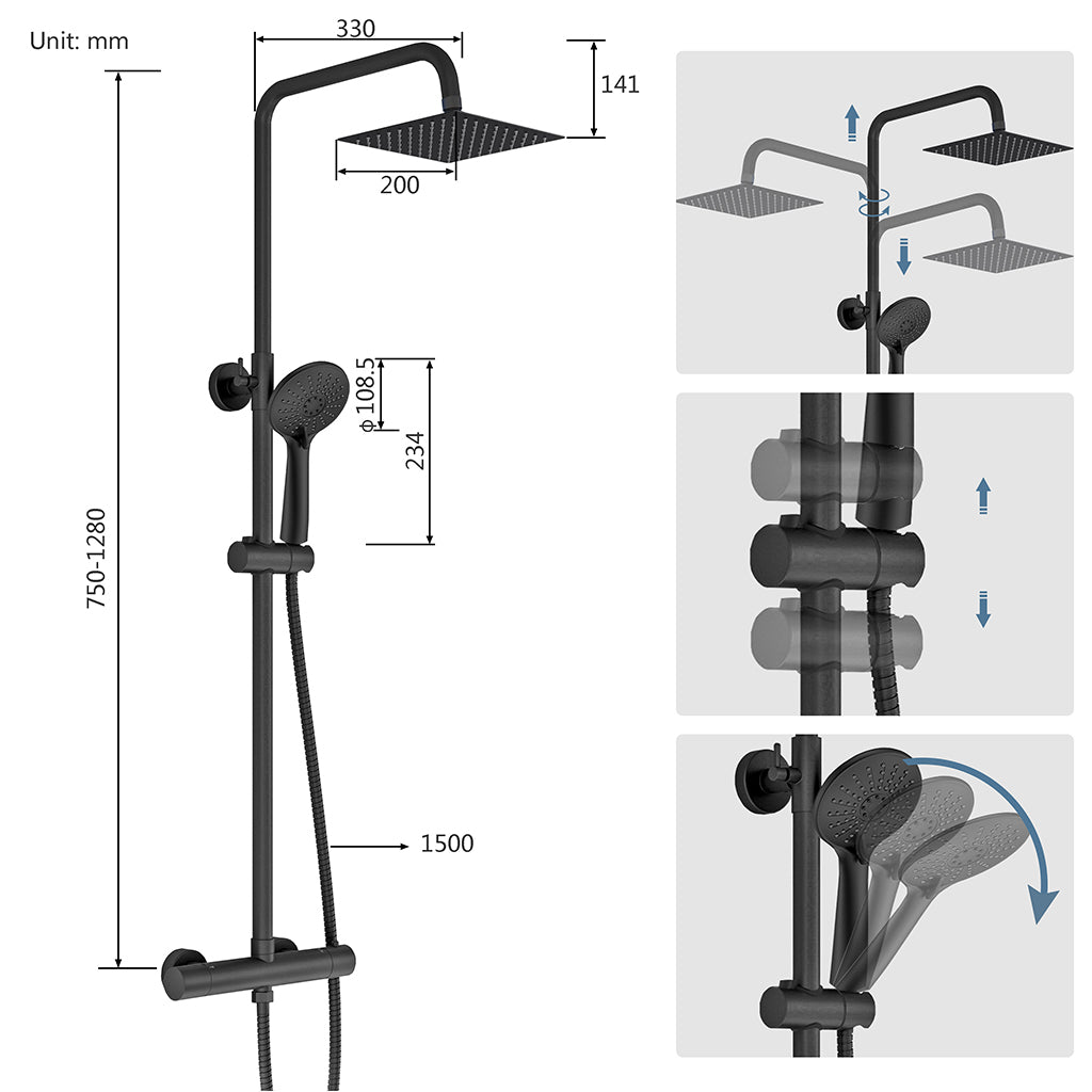 Colonna doccia termostatica con soffione quadrato 20x20 e doccetta a 3 getti, regolabile in altezza 72-125 cm