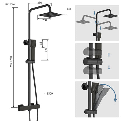 Colonna doccia termostatica con soffione quadrato 20x20 e doccetta a 3 getti