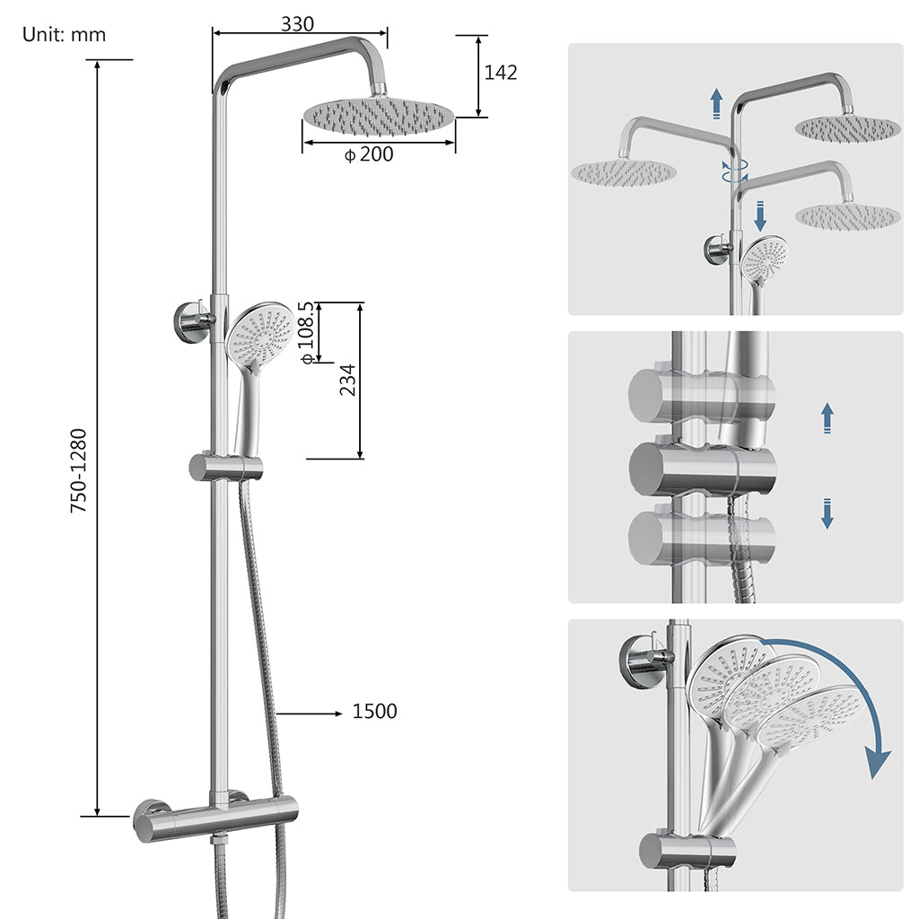 Colonna doccia termostatica con soffione tondo da 20 cm di diametro e doccetta a 3 ugelli, altezza regolabile da 75 a 125 cm