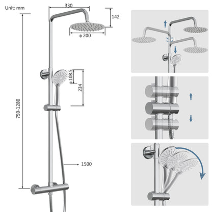 Colonna doccia termostatica con soffione tondo da 20 cm di diametro e doccetta a 3 ugelli, altezza regolabile da 75 a 125 cm