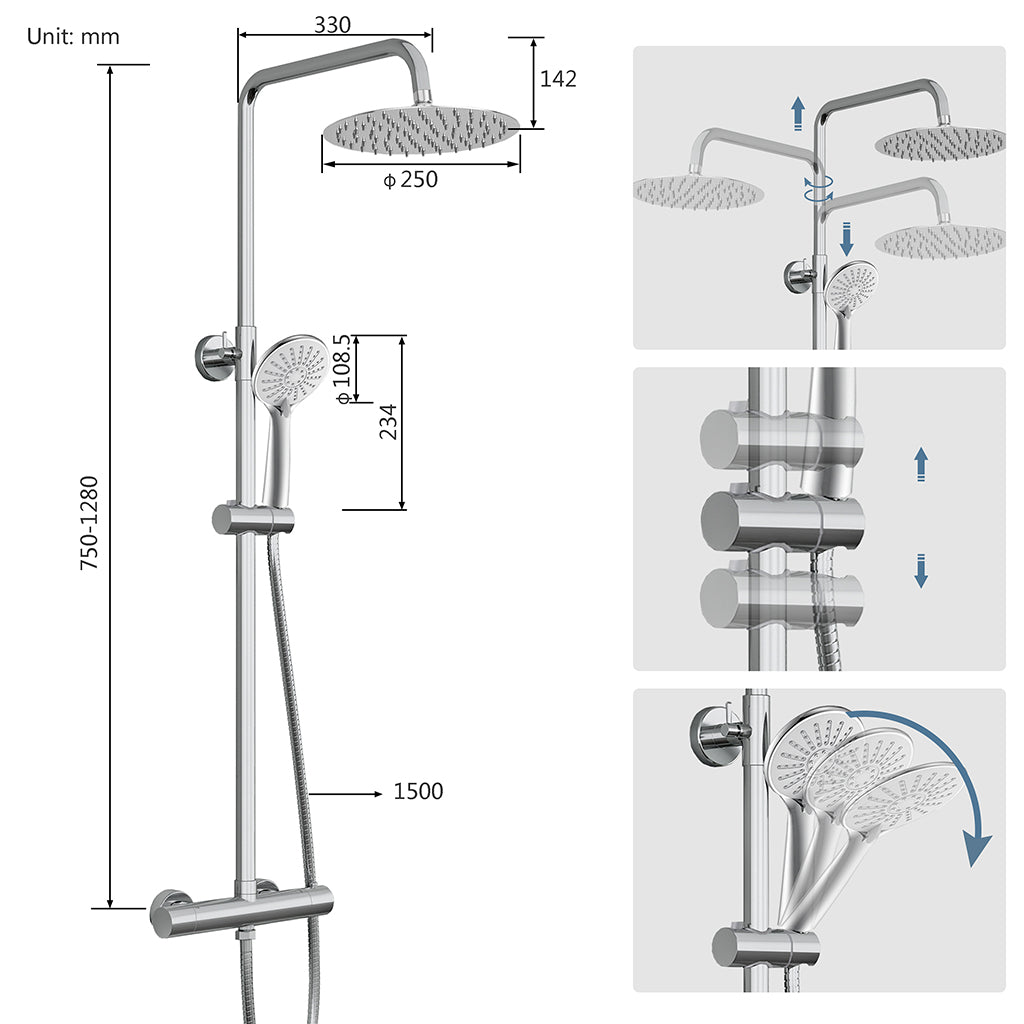 Colonna doccia termostatica con soffione tondo da 25cm di diametro e doccetta a 3 ugelli