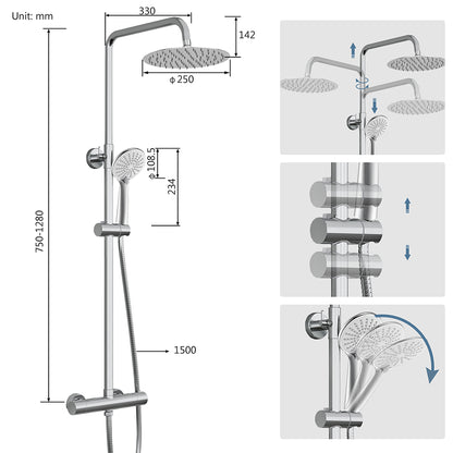 Colonna doccia termostatica con soffione tondo da 25cm di diametro e doccetta a 3 ugelli