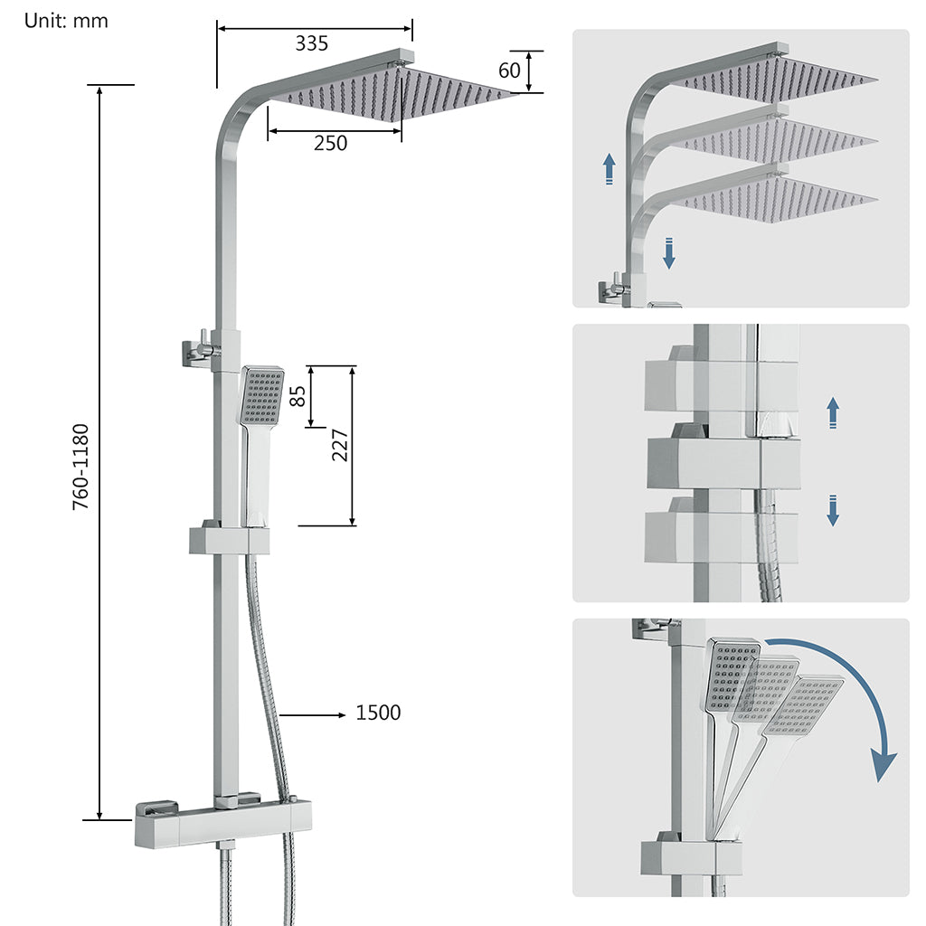 Colonna doccia termostatica con soffione quadrato 25x25 e doccetta a 3 getti