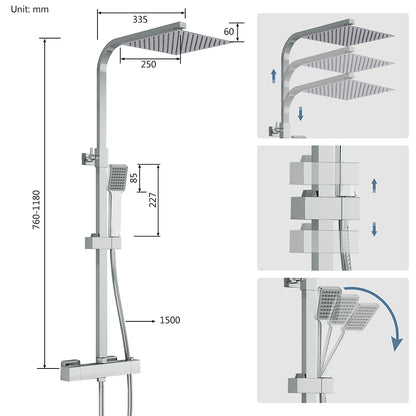 Colonna doccia termostatica con soffione quadrato 25x25 e doccetta a 3 getti