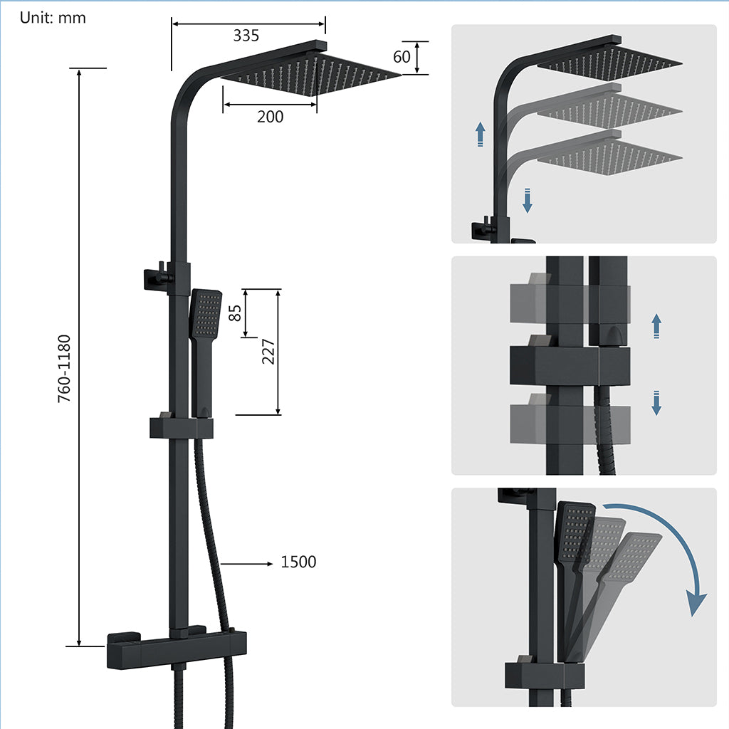 Colonna doccia termostatica con soffione quadrato 20x20 e doccetta a 3 getti, regolabile in altezza 73-115 cm