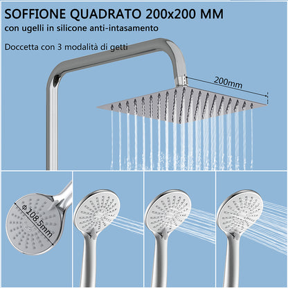 Colonna doccia termostatica con soffione quadrato 20x20 e doccetta a 3 getti, regolabile in altezza 72-125 cm