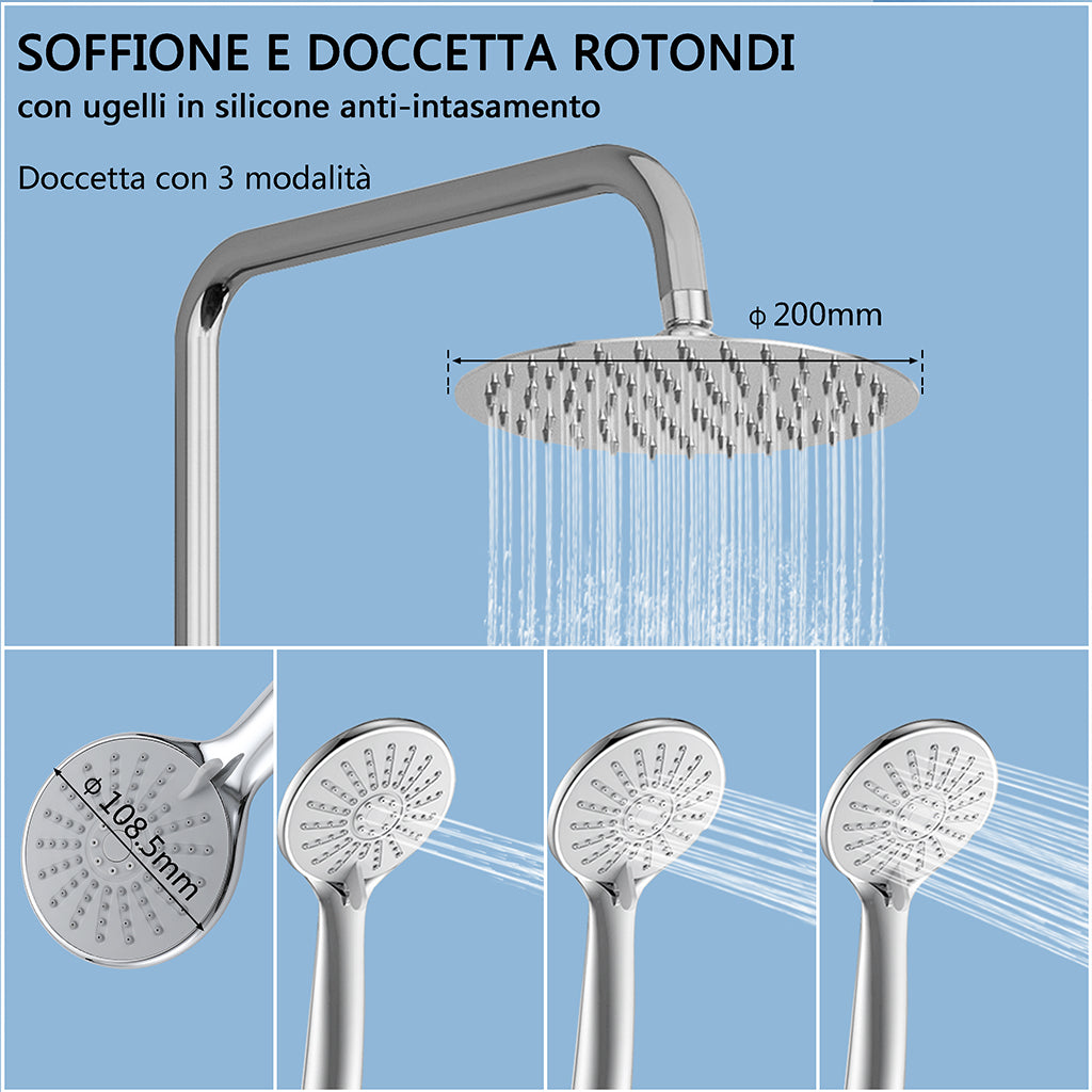 Colonna doccia termostatica con soffione tondo da 20 cm di diametro e doccetta a 3 ugelli, altezza regolabile da 75 a 125 cm