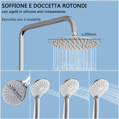 Colonna doccia termostatica con soffione tondo da 20 cm di diametro e doccetta a 3 ugelli, altezza regolabile da 75 a 125 cm