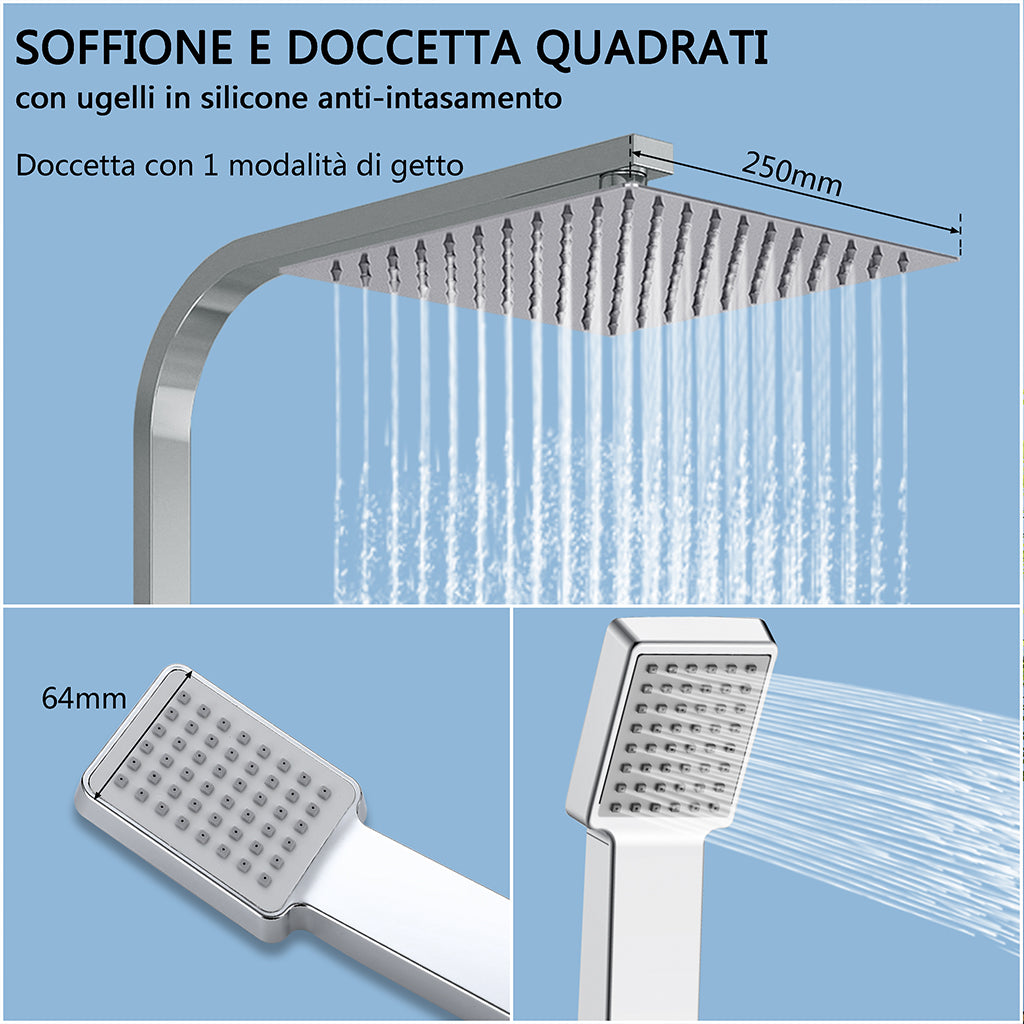 Colonna doccia termostatica con soffione quadrato 25x25 e doccetta a 3 getti