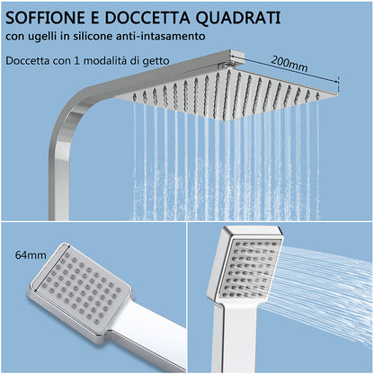 Colonna doccia termostatica con soffione quadrato 20x20 e doccetta a 3 getti, regolabile in altezza 73-115 cm