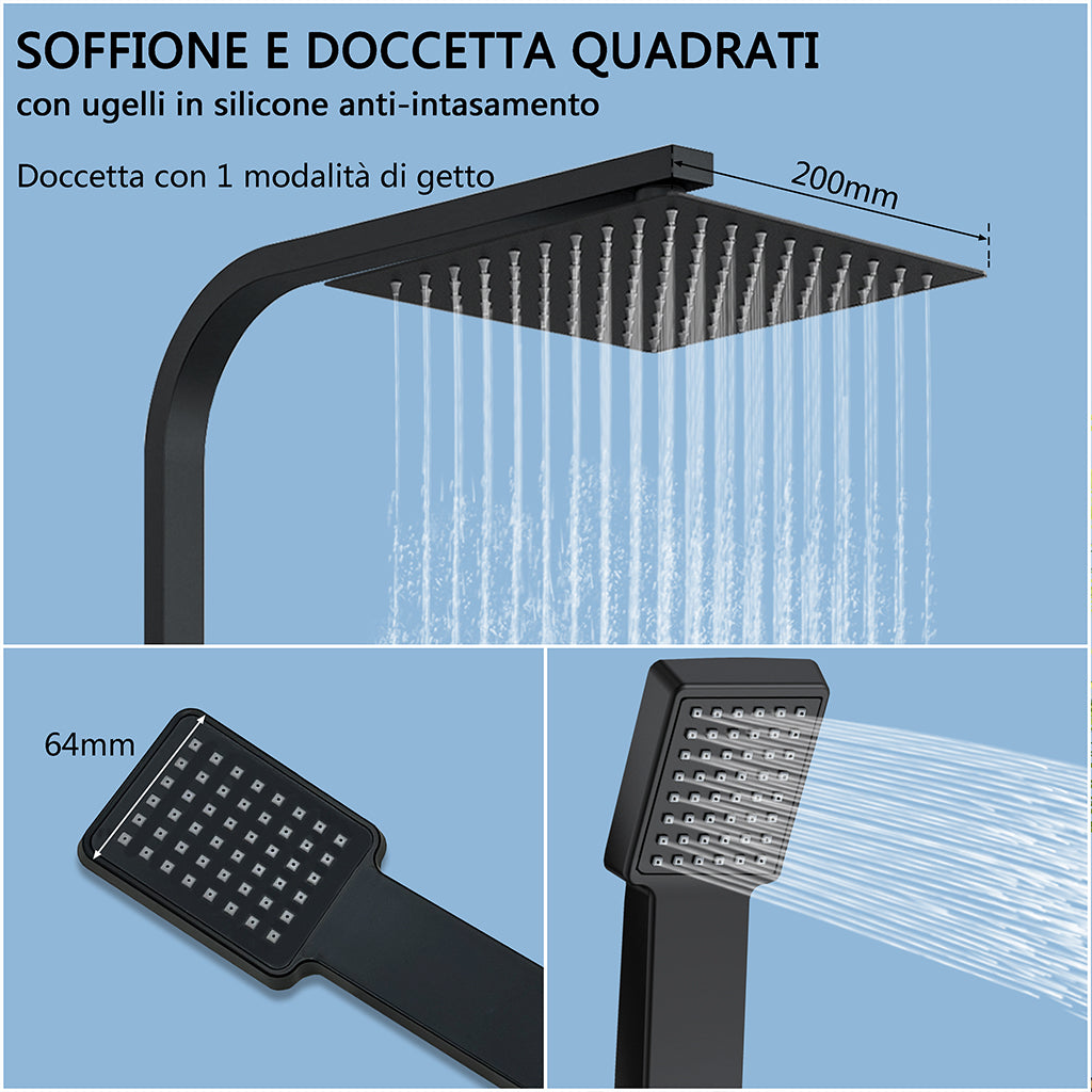 Colonna doccia termostatica con soffione quadrato 20x20 e doccetta a 3 getti, regolabile in altezza 73-115 cm
