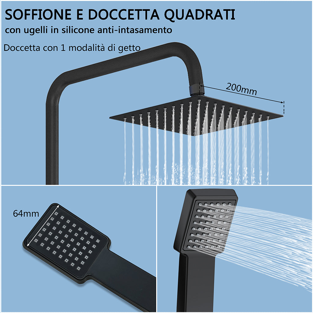 Colonna doccia termostatica con soffione quadrato 20x20 e doccetta a 3 getti