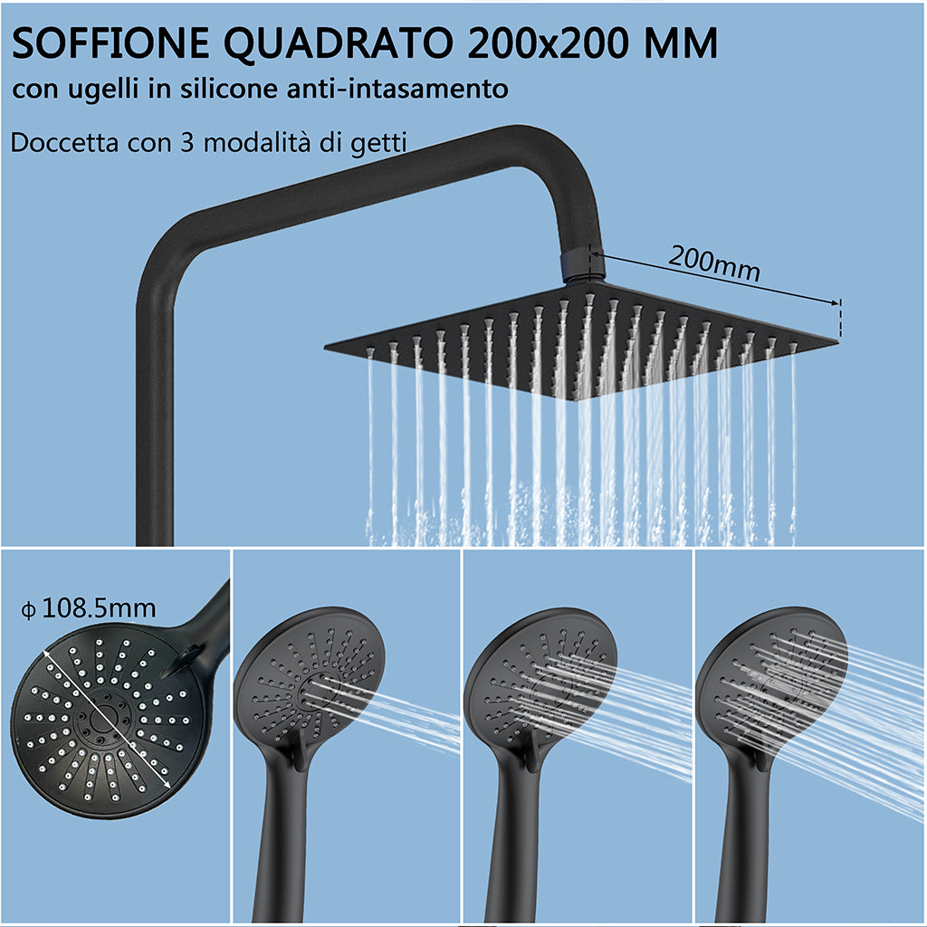 Colonna doccia termostatica con soffione quadrato 20x20 e doccetta a 3 getti, regolabile in altezza 72-125 cm