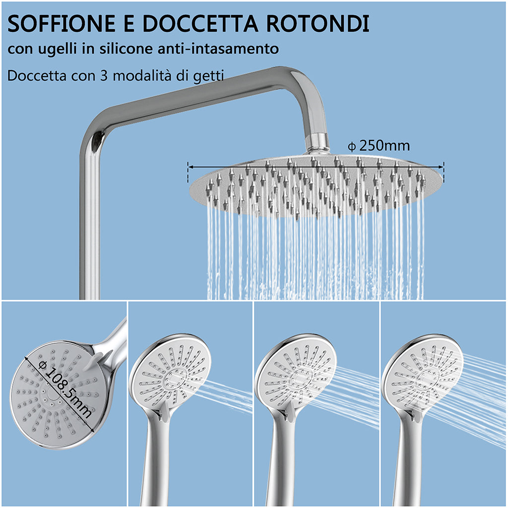 Colonna doccia termostatica con soffione tondo da 25cm di diametro e doccetta a 3 ugelli