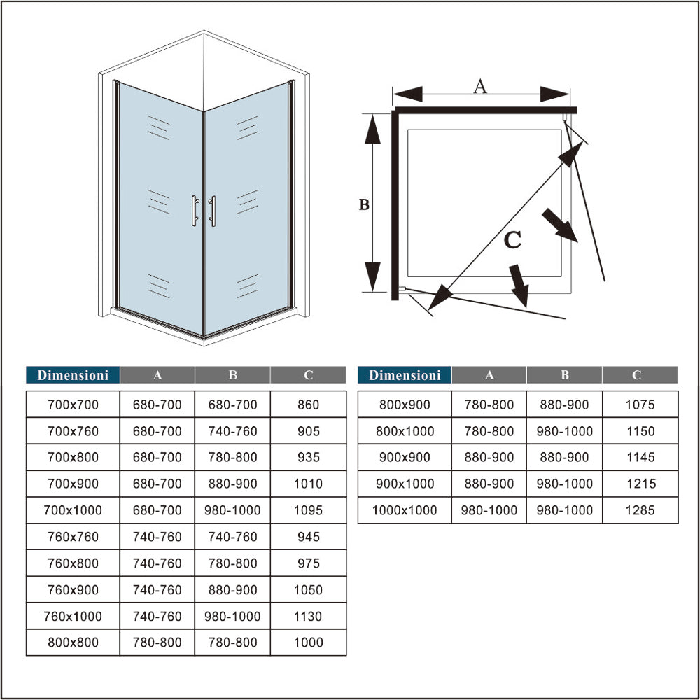 Ocean Box Doccia Angolare Due Porte a Battente alte 185/195 cm Rotazione di 180 Gradi Vetro Temperato Anticalcare 6 mm Varie Dimensioni