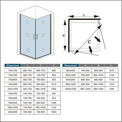 Ocean Box Doccia Angolare Due Porte a Battente alte 185/195 cm Rotazione di 180 Gradi Vetro Temperato Anticalcare 6 mm Varie Dimensioni